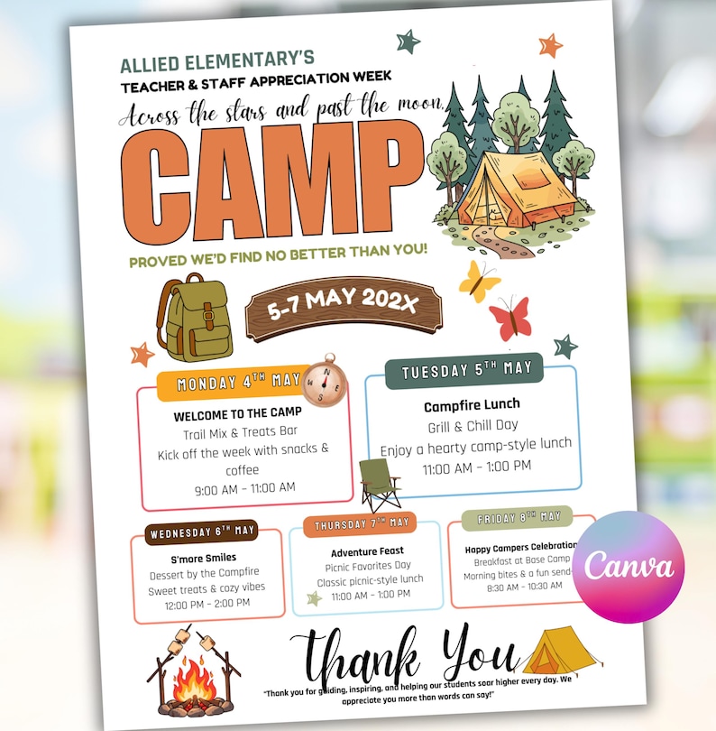 Puede incluir: Un folleto colorido para la Semana de Apreciaci&oacute;n de Maestros y Personal de Allied Elementary, con el tema "Campamento". El dise&ntilde;o incluye una tienda de campa&ntilde;a, una mochila y un programa de eventos del 5 al 7 de mayo de 202X, con el texto "Gracias".