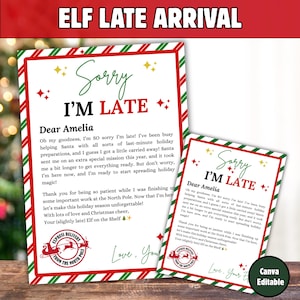 Może przedstawiać: Dwa drukowane listy o tematyce świątecznej z tekstem "Sorry I'm Late" i "Elf Late Arrival". Listy mają czerwono-zieloną obwódkę z świątecznym wzorem i są zaadresowane do "Dear Amelia".