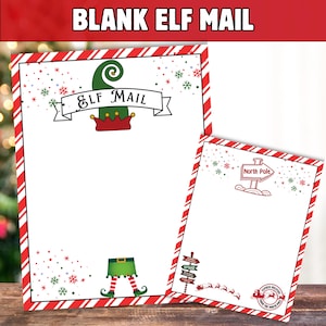 May include: Two sheets of blank Elf Mail stationery with red and white striped borders. One sheet features an elf hat and the words "Elf Mail". The other sheet has a North Pole sign and reindeer. Festive holiday stationery.
