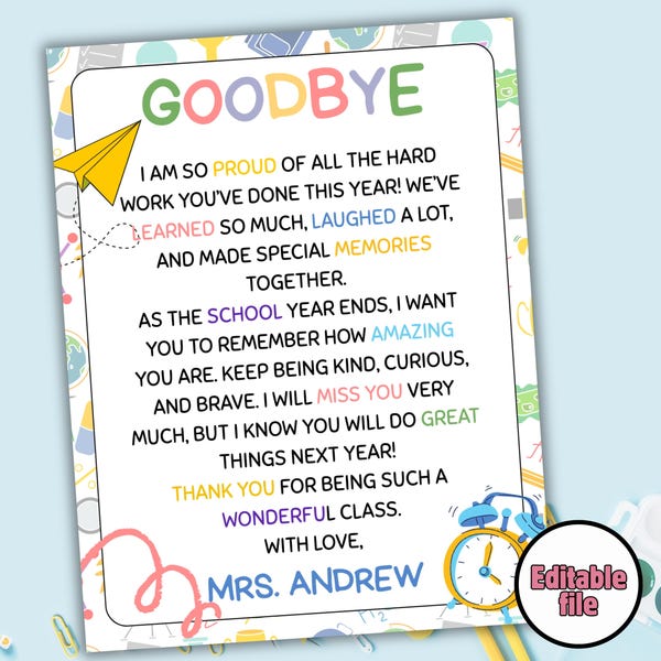 End of School Year Letter Printable, Goodbye Letter to Student, Elementary School Class Gift from Teacher to Student Card, Gratitude Letter