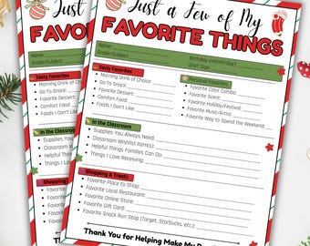 May include: Two printable "Just a Few of My Favorite Things" sheets with a red and white striped border and Christmas ornament graphics. The sheets include sections for favorites like snacks, classroom needs, and shopping preferences.
