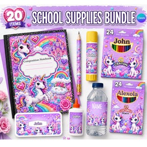 May include: A 20-item school supplies bundle featuring a composition notebook, pencil, glue stick, water bottle, and two boxes of colored pencils. All items display a purple unicorn, rainbow, and castle theme with the name John or Alexola.