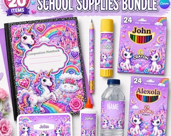 Unicorn School Supplies Label Template Bundle for gilrs, Editable Canva Designs (Digital Download)