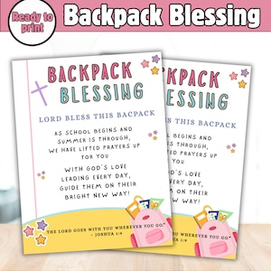 Pode incluir: Dois cartões "Backpack Blessing" prontos para imprimir. Os cartões apresentam o texto "Backpack Blessing" em rosa e verde-azulado, com cruzes e estrelas. O texto inclui uma oração para estudantes, um gráfico de mochila rosa e o versículo bíblico Josué 1:9.