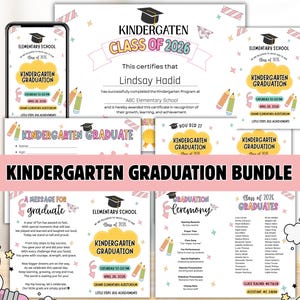 May include: A bundle of kindergarten graduation stationery, including certificates, invitations, and a ceremony program. Designs feature graduation caps, pencils, and the text "Class of 2026". The colour scheme is pastel with pink and yellow accents.
