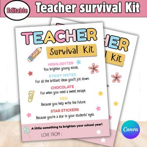 EDITABLE Teacher Survival Kit, First Day Of School Gift Tag, Back To School Gift Tag, Teacher Thank You Gift Tags, Teacher Gift tag, Digital