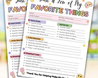 Printable Teacher Favorite Things List PDF,  Teacher Appreciation Questionnaire & PTO Gift Ideas,  Back to School Survey Form