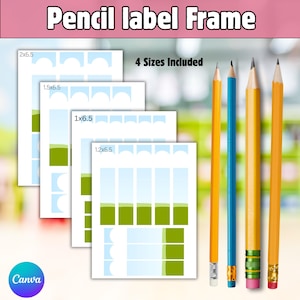 May include: The image displays four label templates with a pencil-themed design, with size labels. The text "Pencil label Frame" is at the top. Several yellow and blue pencils are arranged vertically on the right. The Canva logo is in the bottom left corner.