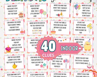 40 Birthday Scavenger Hunt Clues for kids, Indoor Treasure Hunt Game, Party Activity (Digital Download)