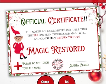 Editable Elf Magic Certificate Christmas Recovery Note Printable Letter After Touched Restore Elf Fun Instant Download Holiday Keepsake