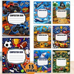 Pode incluir: Uma coleção de quinze capas de cadernos com temas diversos, incluindo monster trucks, aviões, tesouros piratas, veículos de construção, carros de corrida, equipamentos esportivos, tubarões e jogadores de futebol americano.