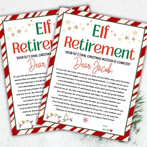 May include: Two printed Elf Retirement letters with red and green borders. The text reads "Elf Retirement" and "Dear Jacob". The letters are decorated with Christmas-themed graphics, including stars and a string of lights.