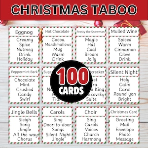 May include: A Christmas Taboo game with 100 cards. Each card features a Christmas-themed word and a list of related words. The cards are arranged in a grid, with a red and green border. The game's title is at the top.