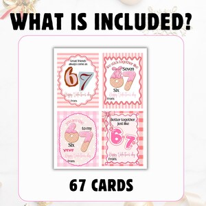 May include: A set of 67 Valentine's Day cards with a pink and white theme. Each card features a number design, with phrases like "Great friends always come as" and "We stick together like." The text "Happy Valentine's Day" is also included.
