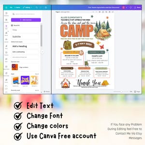 Puede incluir: Un folleto digital para la Semana de Apreciaci&oacute;n de Maestros y Personal de Allied Elementary, con el tema "Campamento". El dise&ntilde;o presenta una tienda de campa&ntilde;a, &aacute;rboles y una ilustraci&oacute;n de fogata. El folleto incluye detalles del evento, fechas y el texto.