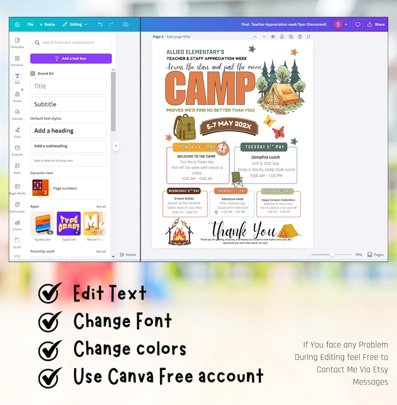 Puede incluir: Un folleto digital para la Semana de Apreciaci&oacute;n de Maestros y Personal de Allied Elementary, con el tema "Campamento". El dise&ntilde;o presenta una tienda de campa&ntilde;a, &aacute;rboles y una ilustraci&oacute;n de fogata. El folleto incluye detalles del evento, fechas y el texto.