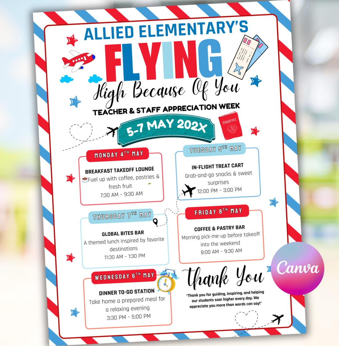 Canva Editable Travel Theme Teacher Appreciation Week Flyer, Flying ...