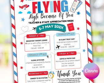 Folleto editable de Canva para la Semana de agradecimiento a los docentes con temática de viajes. Descarga digital del folleto "Folleto para docentes voladores".