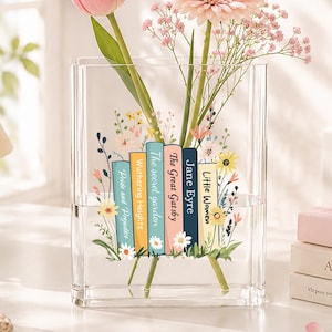 Klassieke literatuur bloemen acryl boekenvaas, heldere boekvormige plantenbak met iconische romans en wilde bloemen, cadeau voor boekenliefhebbers