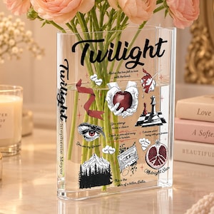 Twilight Saga akrylboksvas, formad kruka med ikoniska citat och symboler, present till Twilight-fans och bokälskare, biblioteksvas