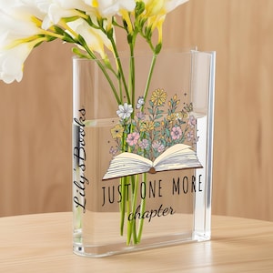 Vase livre floral en acrylique, jardinière transparente en forme de livre Just One More Chapter pour les amateurs de lecture et de décoration d'intérieur, cadeau pour les amateurs de lecture, vase de bibliothèque