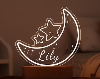 Custom Moon & Stars 3D Illusion Night Light, Nursery Night Light, Celestial Themed Kids Holiday Gift Decor, Perfect Birthday Gift For Kids