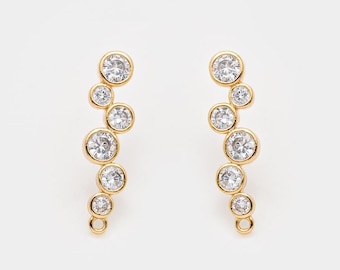 2PCS - CZ Drop Stud Connector • Graduated Crystal Earring Post • Linear Round Zirconia Link • Jewelry Supply • Real 14K Gold Plated [E1075]