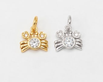 2PCS - Crab Charm • CZ Body Sea Animal Pendant • Crystal Ocean Jewelry • Real 14K Gold & Rhodium Plated [P2325]