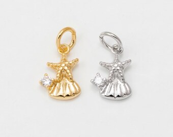 1PC - Starfish Shell Charm • CZ Seashell Pendant • Ocean Jewelry Finding Real • 14K Gold & Rhodium Plated [P2305]