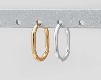 2PCS - Slim Oval Huggie Earrings • Minimal Elongated Hoop • Everyday Jewelry • Real 14K Gold & Silver Plated [E1074]