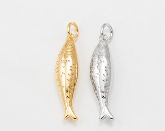 1PC - 3D Fish Charm • Plump Sardine Pendant • Nautical Jewelry Finding • Real 14K Gold & Rhodium Plated [P2317]