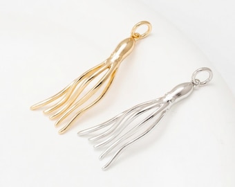 1PC - Squid Charm • Long Tentacle Octopus Pendant • Ocean Jewelry • Real 14K Gold & Rhodium Plated [P2316]
