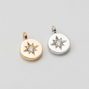 2PCS - North Star Coin Charm • Celestial CZ Pendant • Tiny Sunburst Disc Finding [P0977]