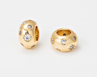 1PC - Star Cubic Pave Round Rondelle, Mini Round Spacer Beads, Round Spacer Beads, Real 14K Gold & Rhodium Plated [RD0004]