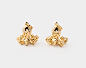 1PC - Octopus Charm • CZ Eye 3D Sea Animal Pendant • Hollow Back • Real 14K Gold & Rhodium Plated [P2321]
