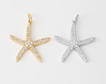 1PC - Pave CZ Starfish Charm • Sparkling Cubic Zirconia Sea Star Pendant • Jewelry Making Supply • Real 14K Gold & Rhodium Plated [P2328]