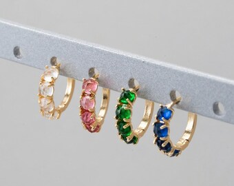 2PCS - Color Stone Hoop • Solid Glass Huggie Earring • Minimalist Jewelry • Real 14K Gold & Rhodium Plated [E1071]