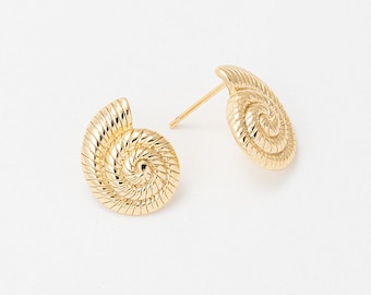 2PCS - Ammonite Brass Earring, Sea shell Post earrings, Making Craft Supplies, Real 14K Gold Plated [E0488-NR]
