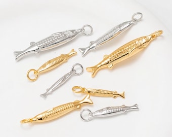 1PC - Slender Fish • Engraved Anchovy Charm • 4 Sizes Sardine Pendant • Real 14K Gold & Rhodium Plated [P2326]