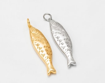 1PC - Long Fish Charm • Engraved Sardine Pendant • Ocean Jewelry • Real 14K Gold & Rhodium Plated [P2319]