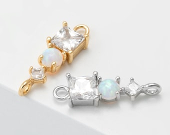 1PC - Opal and CZ Vertical Connector, Triple Stone Brass Charm for Jewelry Making, Real 14K Gold & Rhodium Plated [C0578]