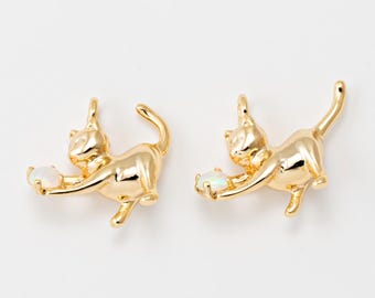 1PC - Opal Cat Charm, Gold Lucky Opal Cat Pendant, Charm Making Necklace Supplies, Real 14K Gold Plated [P1305-PG]