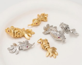 1PC - Articulated Goldfish • 3D Koi Fish Charm • Real 14K Gold & Rhodium Plated [P2318]
