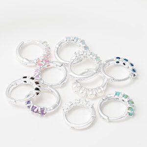 2PCS - Opal Hoops, Opal One Touch Earrings, Huggie Hoops, Pearl Hoops, Turquoise Huggies, Silver Plated [E0524-PS]