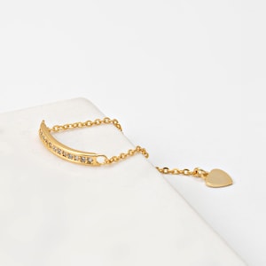 1PC - Adjustable CZ Bar Chain Ring, Heart Dangle Accent Ring Parts, DIY Jewelry Supply, Real 14K Gold & Rhodium Plated [RG0048]