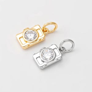 Peut inclure: Deux breloques en forme d'appareil photo, l'une dorée et l'autre argentée, avec un strass transparent au centre de chacune.