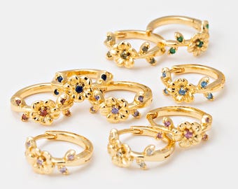 2PCS - Daisy Flower CZ Hoop Earrings, Gold Huggie Hoops in 10 Colors, Piercing or Gift, Tiny Flower Hoops, Real 14K Gold Plated [E0876-PG]