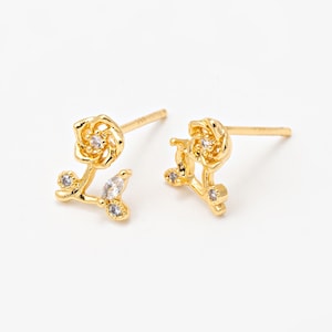 2PCS - Rose Flower Stud Earring Posts, Dainty CZ Leaf Earrings for Jewelry Making, Real 14K Gold & Silver Plated [E1054]