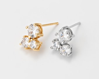 2 peças - Brincos de pino com cristal cúbico, brincos de pino redondos com zircônia cúbica, banhados a ouro 14K e prata [E0146]