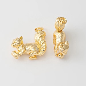 Peut inclure: Deux breloques d'écureuil dorées à la finition texturée. Chaque breloque représente un écureuil tenant une noix dans ses pattes.